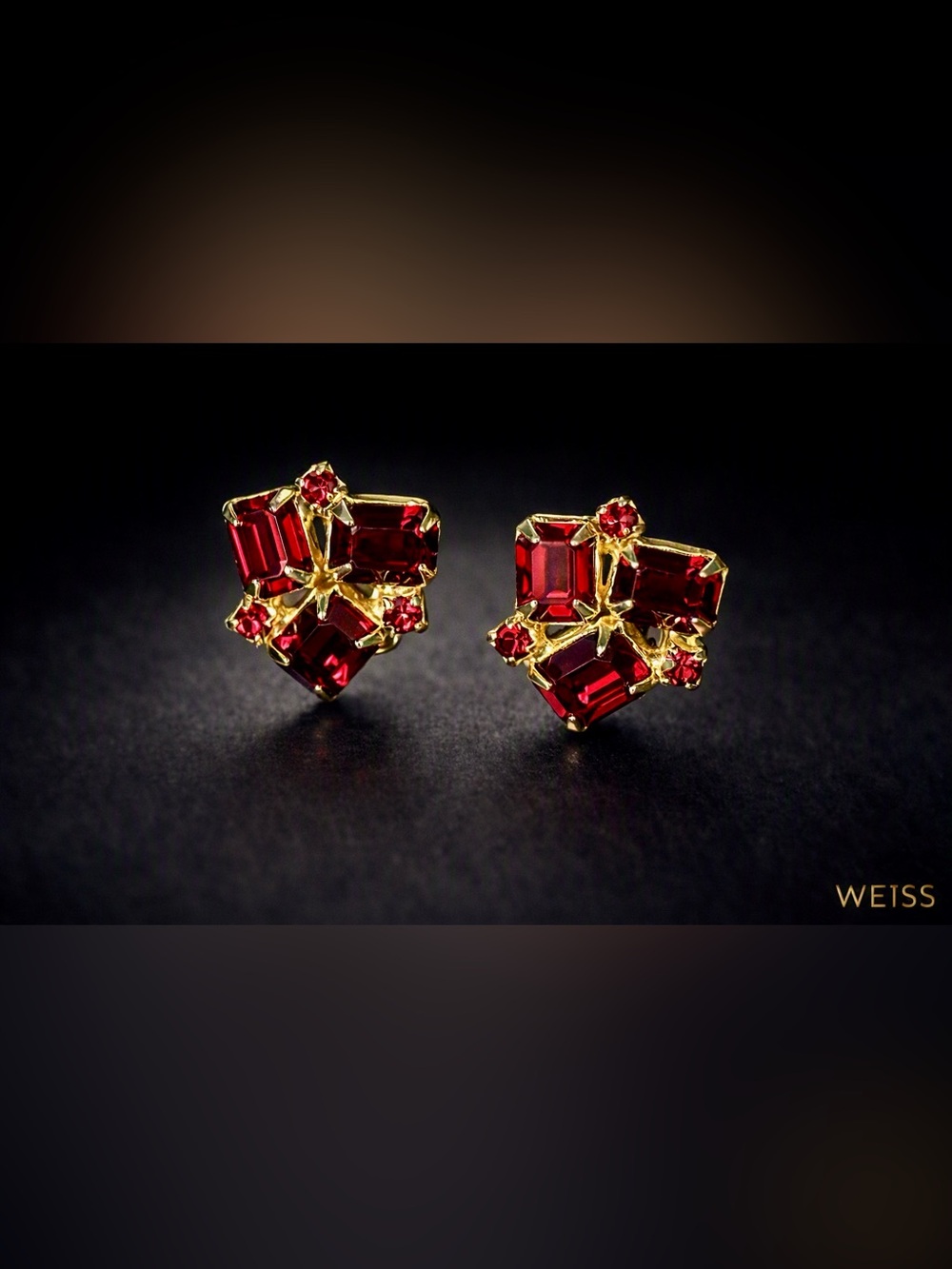 Vintage Weiss Ruby Cluster Clip‑On Earrings Gold‑Tone Mid‑Century Glam